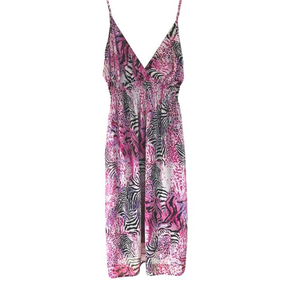 Y2K Pink Zebra Maxi Babydoll Maxi Beach HOCO Jersey Shore Smocked Waist Dress 2X - Picture 1 of 9